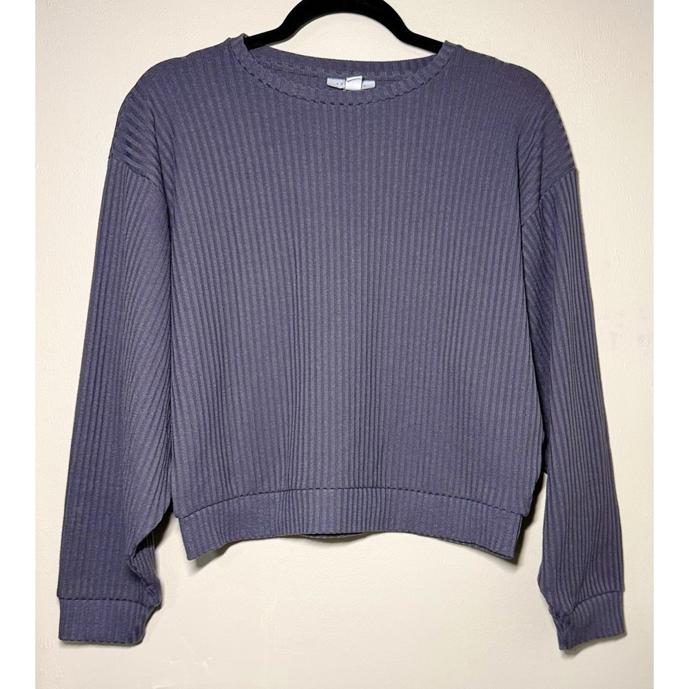 TopShop Cropped Sweatshirt Women's XS Crew Neck Casual Ribbed Blue Long Sleeve
